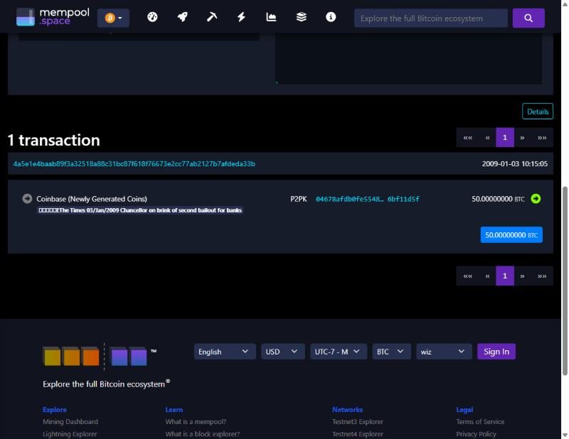 The single transaction in the Genesis block, with the Coinbase field showing the Times headline as text